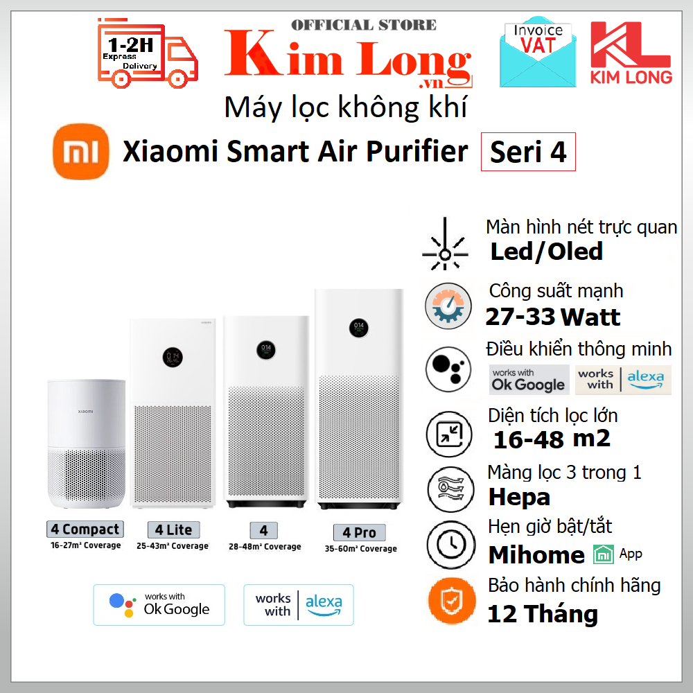 Máy lọc không khí Xiaomi Smart Air Purifier 4 / 4 Lite Khử mùi, diệt khuẩn, lọc siêu bụi mịn, Điều khiển, hẹn giờ