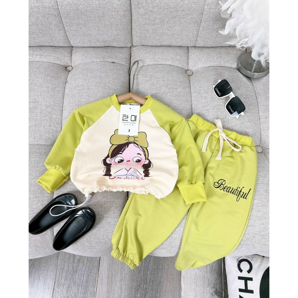 Bộ dài tay cô gái nơ xanh bé gái