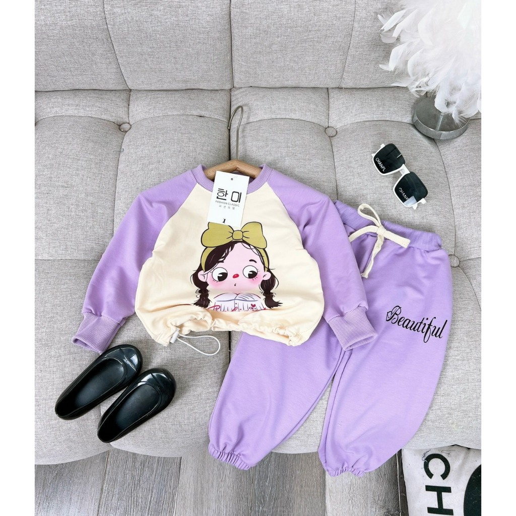 Bộ dài tay cô gái nơ xanh bé gái