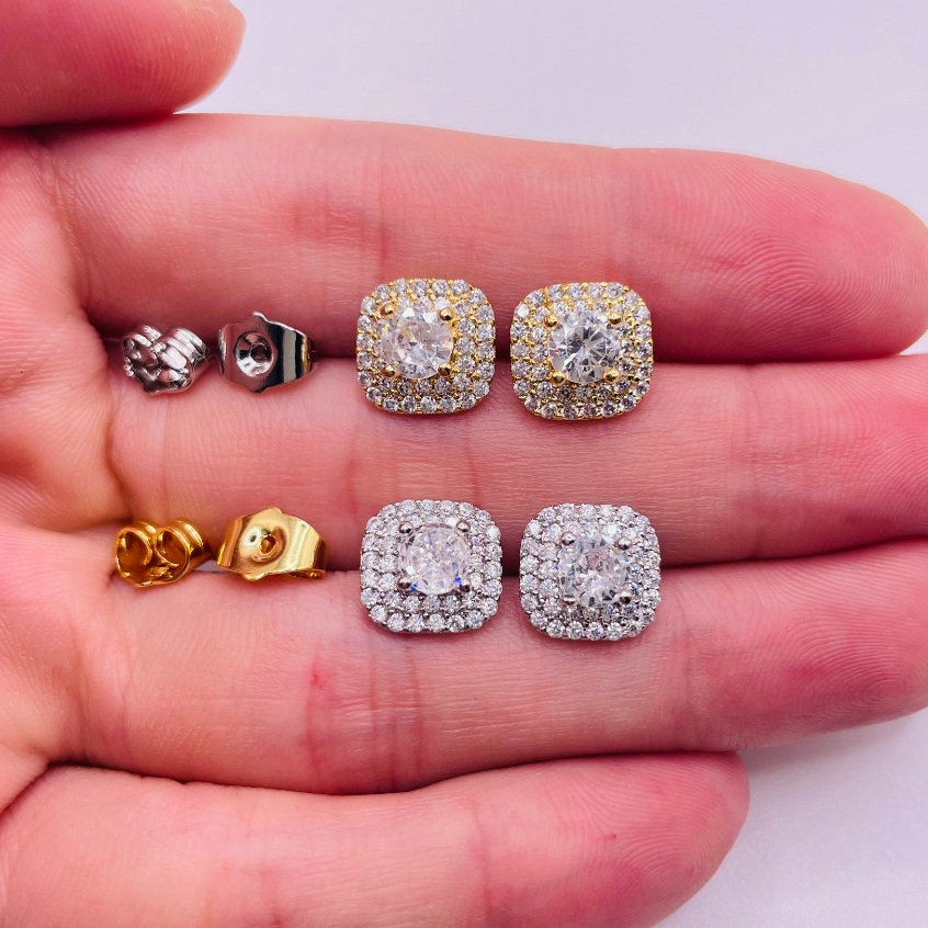 Bông tai titan nụ phối viền đôi đính đá CZ, Hoa tai đính đá sang trọng, trangsucmoiluatuoi.RIN