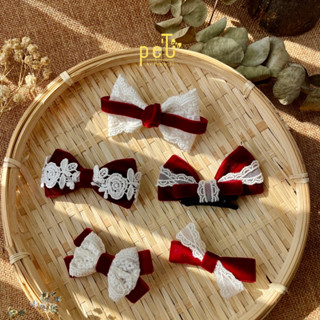  Nơ nhung đỏ phối ren Trăng - Kẹp - Băng đô cài  Bờm  - Băng đô thun - Turban - Cho bé gái 