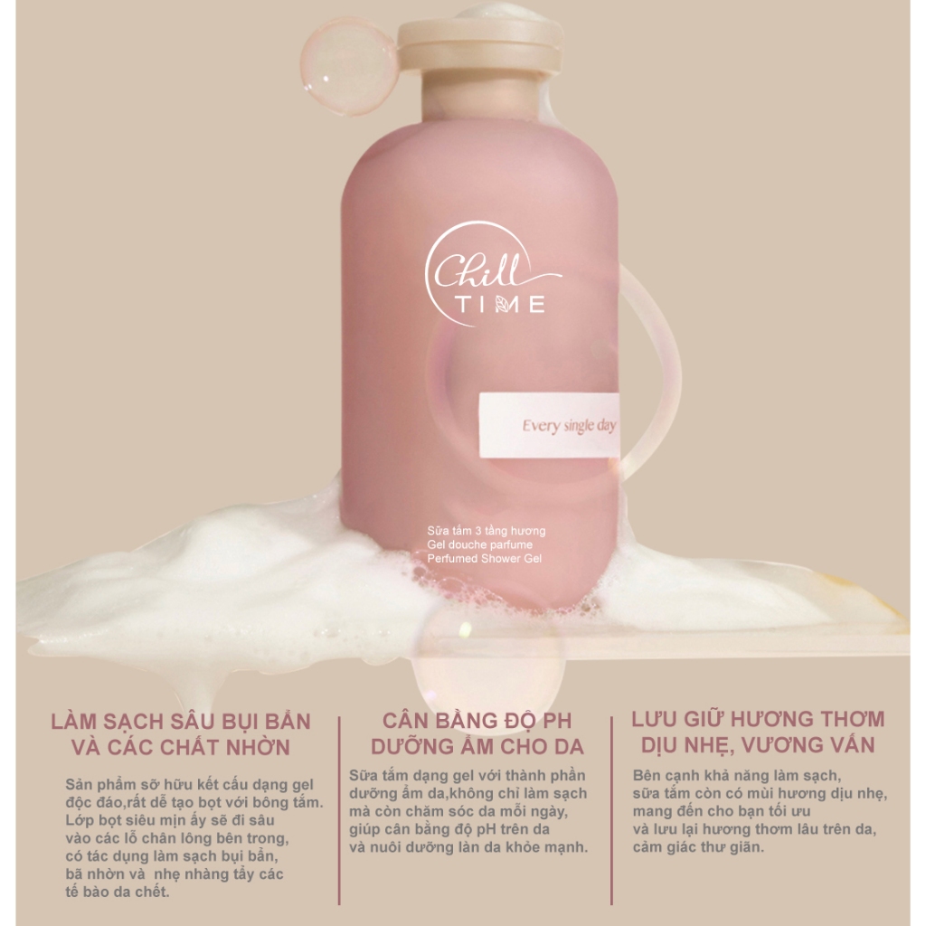 Sữa tắm Sữa dưỡng thể trắng da hương nước hoa 3 tầng hương hương Chill time Hương trà - Hương hoa