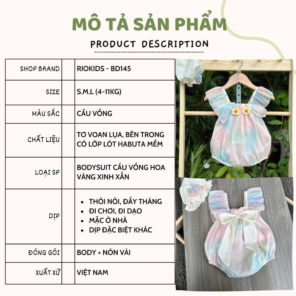 Bodysuit áo liền thân RIOKIDS, quần áo cho bé gái sơ sinh đi chơi, thôi nôi, đầy tháng BD145