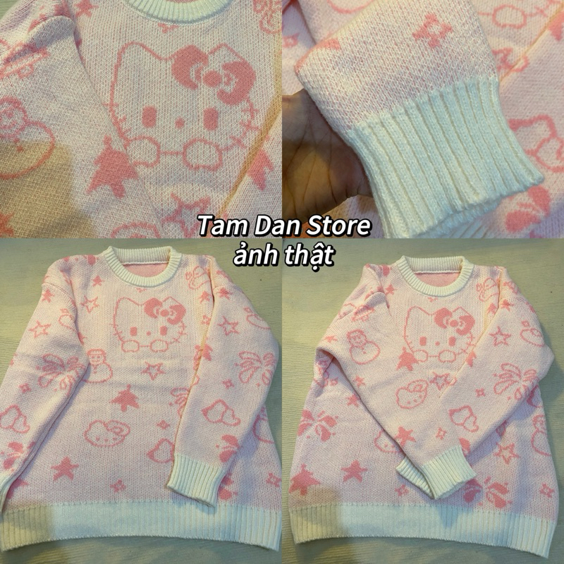 SẴN len sweater cổ tròn mèo Kitty trắng be phối hồng nhạt pastel siêu xinh oversize dáng dài ulzzang thu đông