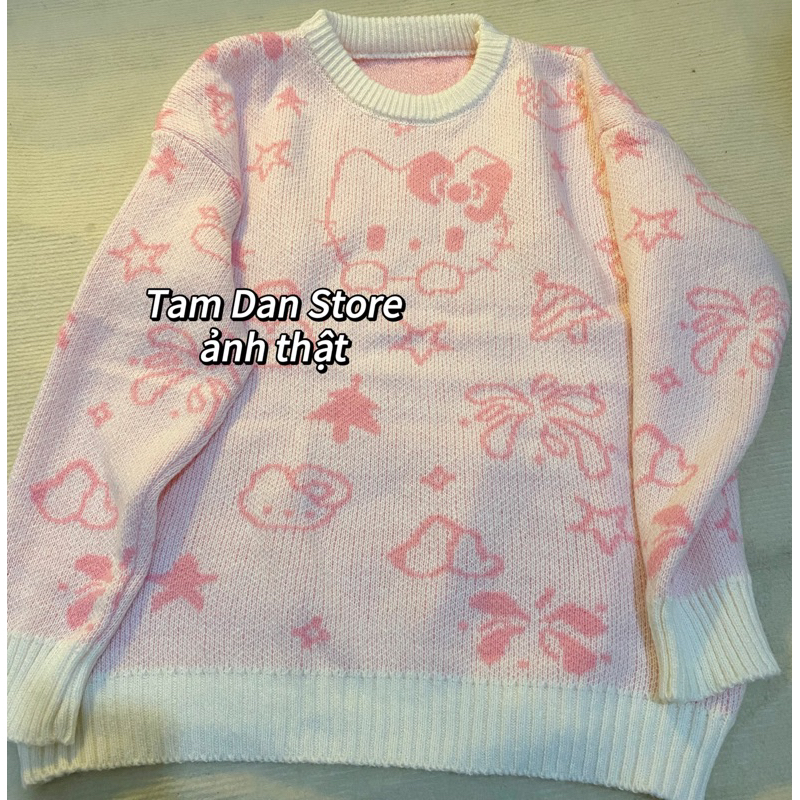 SẴN len sweater cổ tròn mèo Kitty trắng be phối hồng nhạt pastel siêu xinh oversize dáng dài ulzzang thu đông