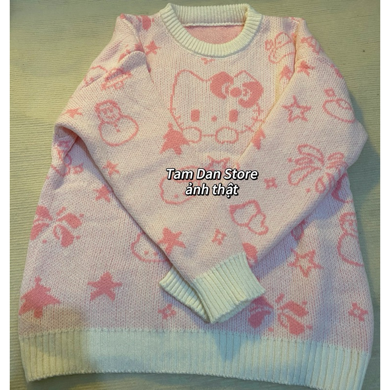 SẴN len sweater cổ tròn mèo Kitty trắng be phối hồng nhạt pastel siêu xinh oversize dáng dài ulzzang thu đông