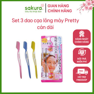 Set 3 dao cạo lông mày Pretty cán dài - Hàng nội địa Nhật Bản