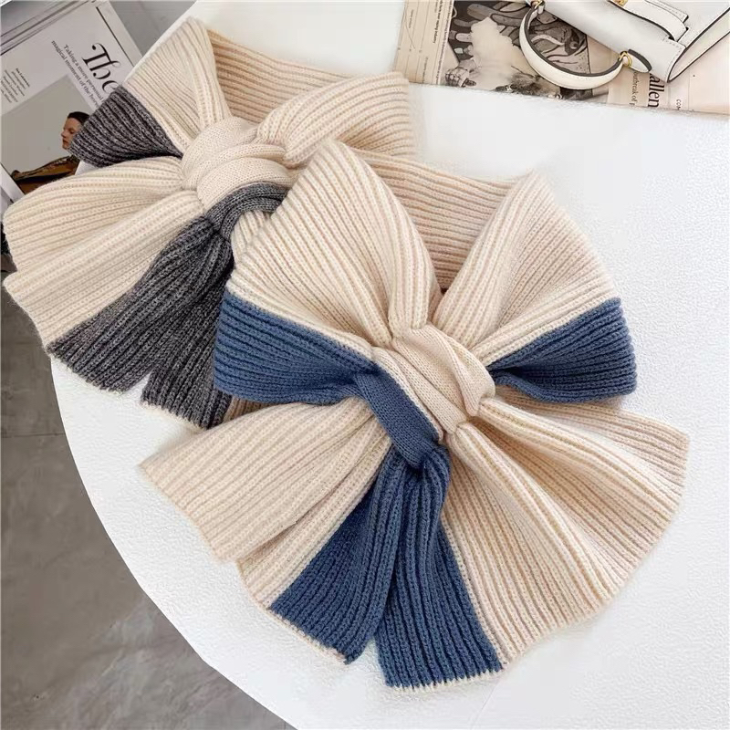 Khăn Len Lông Cừu Phối Màu Thắt Nơ phong Cách Hàn
