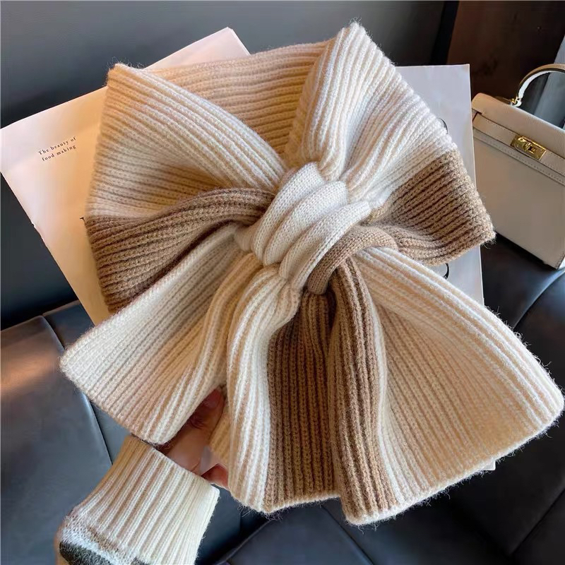 Khăn Len Lông Cừu Phối Màu Thắt Nơ phong Cách Hàn