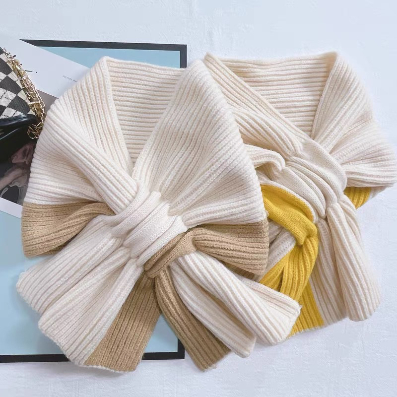 Khăn Len Lông Cừu Phối Màu Thắt Nơ phong Cách Hàn