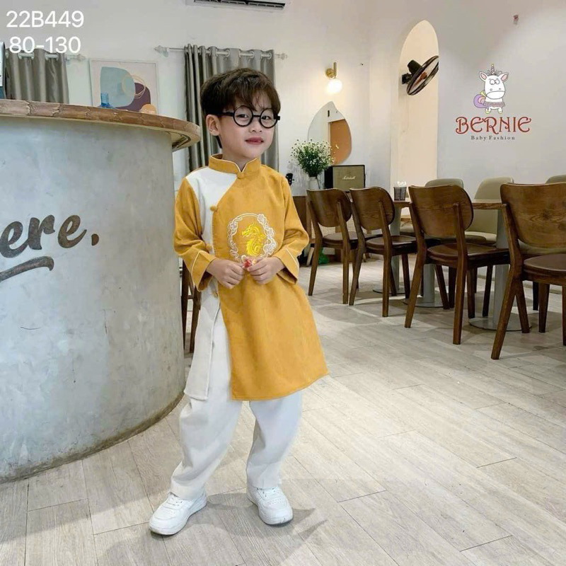 Áo dài cách tân bé trai cổ tàu đính cúc thêu rồng chất liệu nhung tăm mềm mại -M62