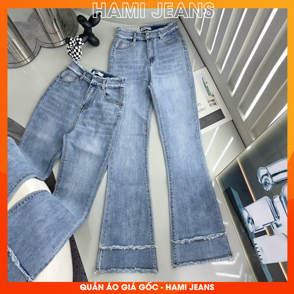Quần jean nữ ống loe lưng cao co giãn quần bò loe quần jean loe cạp tua