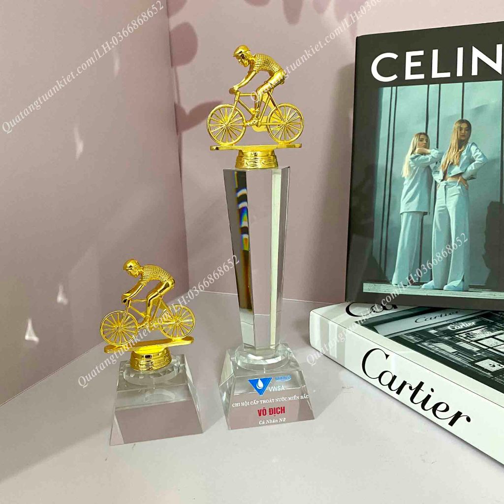 Cúp pha lê + Kim loại mạ vàng giải đua xe đạp