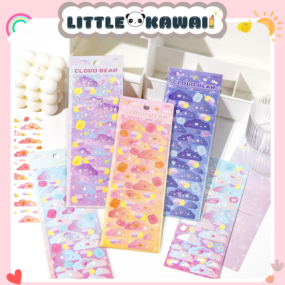 Set 2 Tấm sticker hình dán đám mây & gấu trang trí sổ, toploader