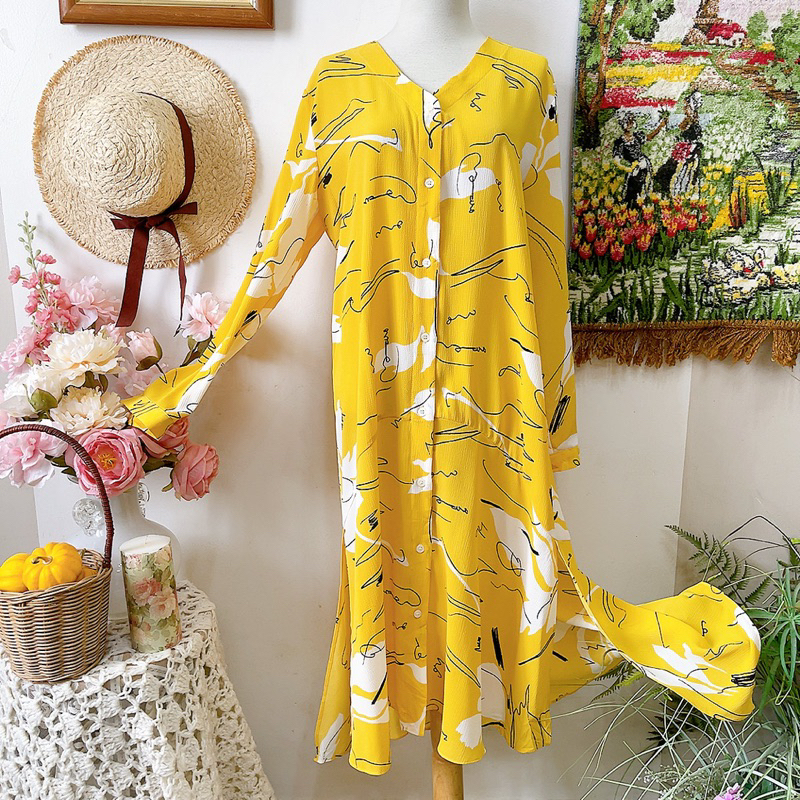 Đầm sơmi vàng dáng suông Hàn