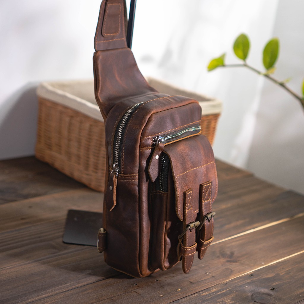 Túi đeo chéo da bò sáp ngựa điên Biker nâu bò - Manuk Leather Design
