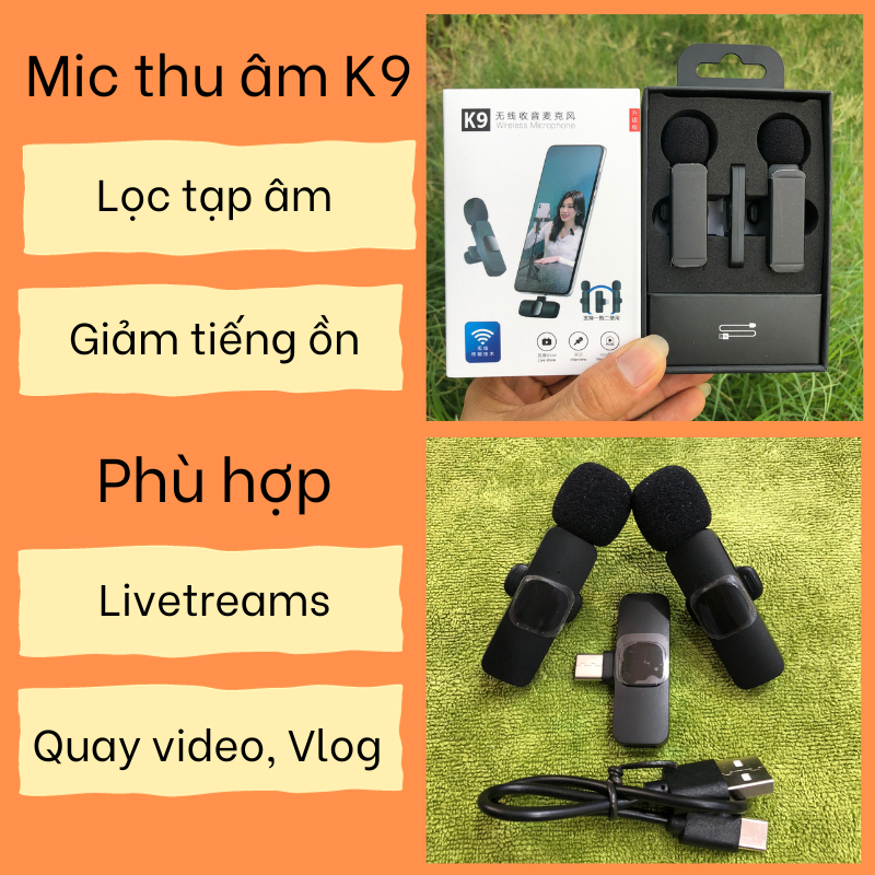 Micro Thu Âm Không Dây K9. Lọc Tạp Âm, Giảm Tiếng Ồn, Cải Thiện Chất Lượng Âm Thanh. Thích hợp Livetreams, Quay video, L