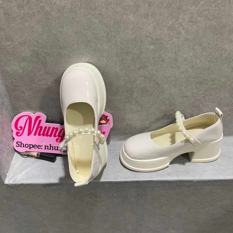 Giày cao gót quai ngọc mũi tròn độn đế tabao ,Giày nữ lolita đế vuông cao 5phân phong cách tiểu thư freeship