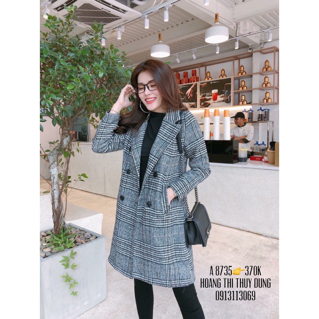 Áo khoác dạ kẻ caro đỏ, Áo khoác dạ nữ dáng dài form vừa màu đen cơ bản phong cách hàn quốc