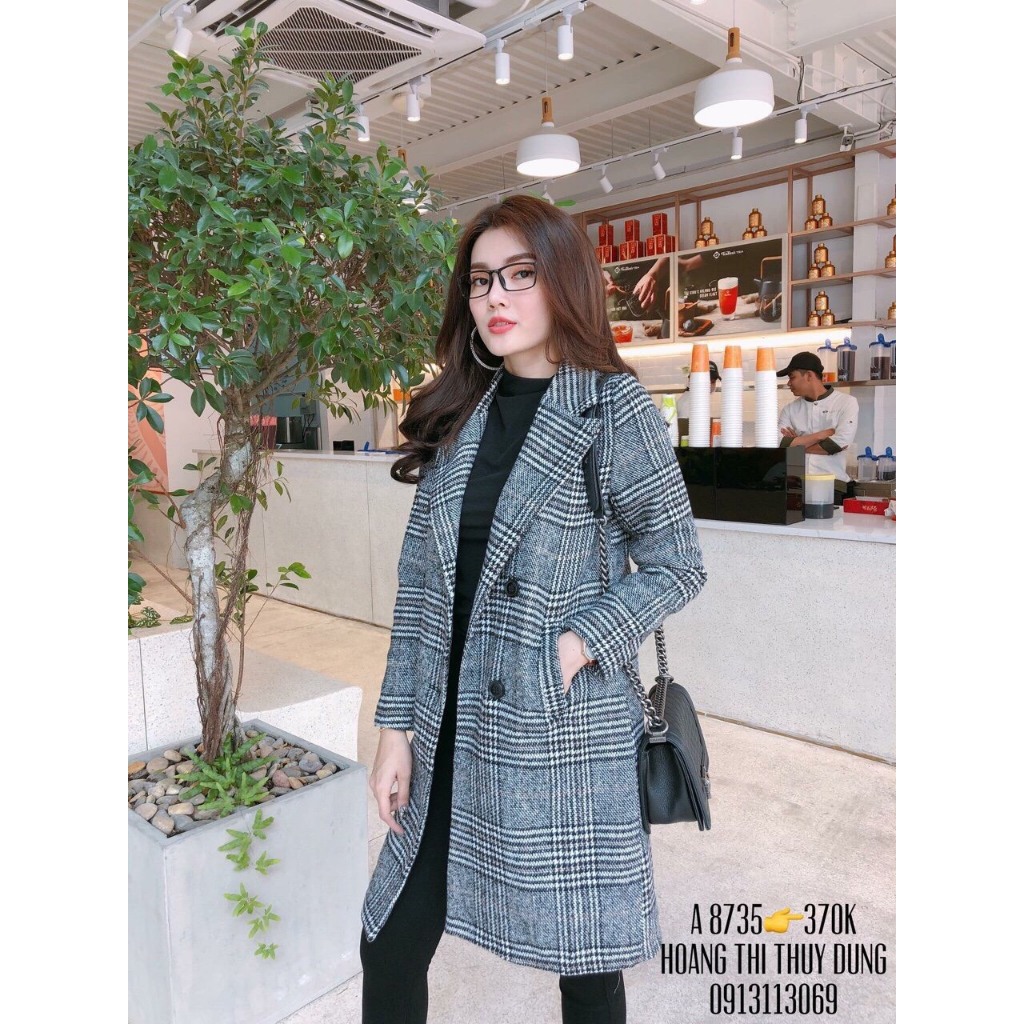 Áo khoác dạ kẻ caro đỏ, Áo khoác dạ nữ dáng dài form vừa màu đen cơ bản phong cách hàn quốc