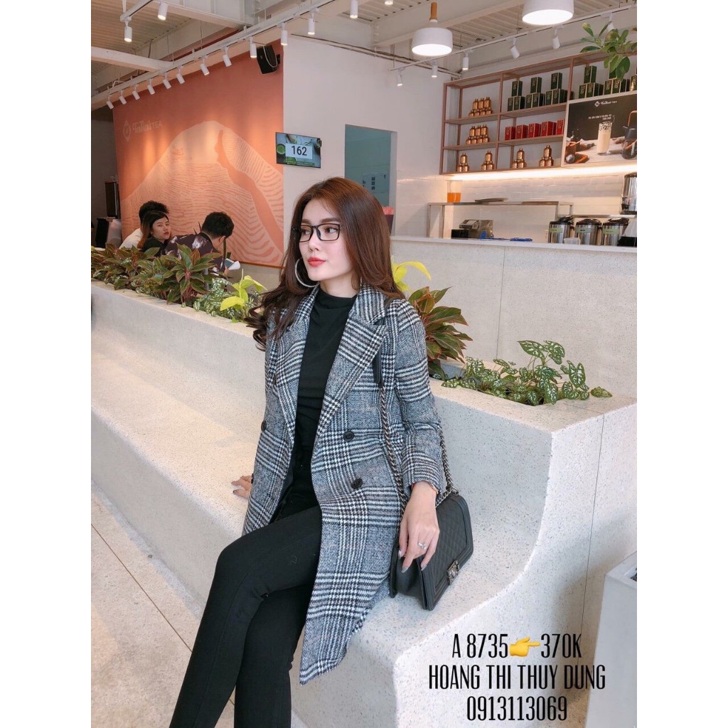 Áo khoác dạ kẻ caro đỏ, Áo khoác dạ nữ dáng dài form vừa màu đen cơ bản phong cách hàn quốc