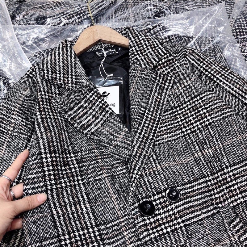 Áo khoác dạ kẻ caro đỏ, Áo khoác dạ nữ dáng dài form vừa màu đen cơ bản phong cách hàn quốc