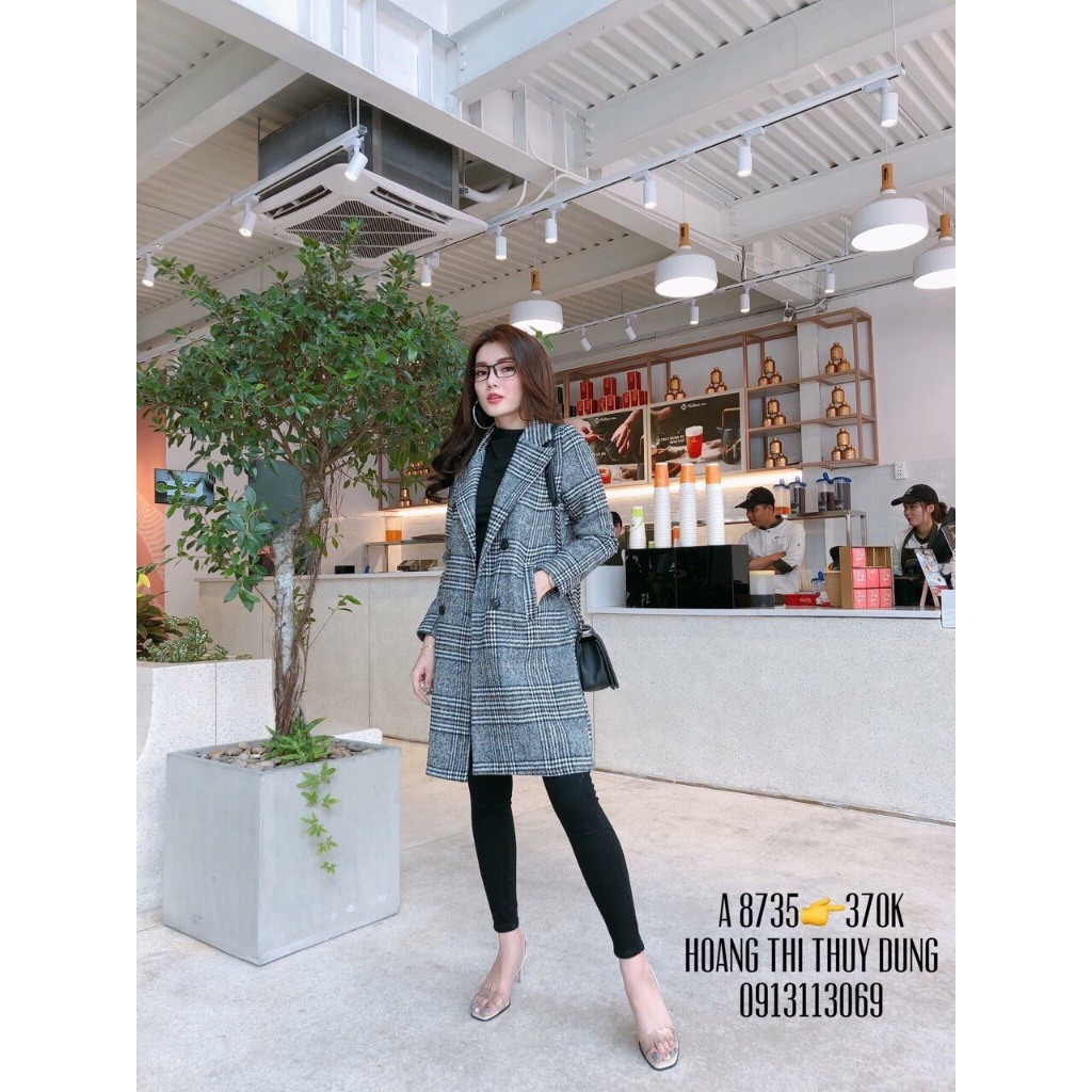 Áo khoác dạ kẻ caro đỏ, Áo khoác dạ nữ dáng dài form vừa màu đen cơ bản phong cách hàn quốc