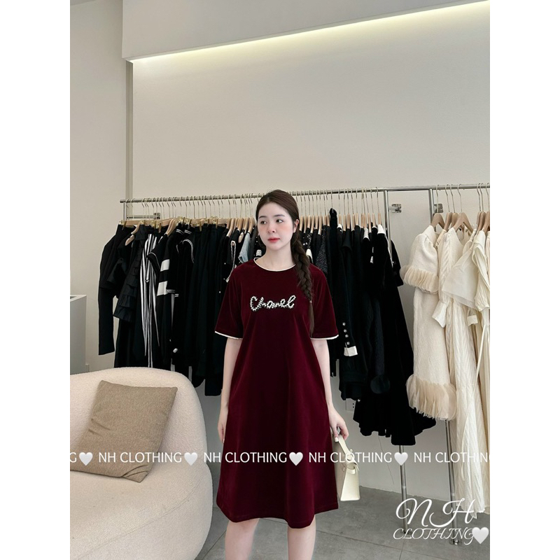 Váy thiết kế cao cấp tiểu thư nhung đính đá
