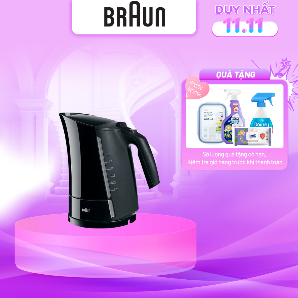 Ấm Siêu Tốc Braun WK300ONYX, Sản xuất 100% tại Châu Âu. Công suất 2200w, đun siêu tốc chỉ 45 giây, dung tích 1.7l