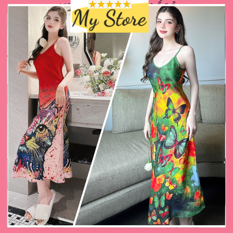 Đầm ngủ nữ 2 dây quyến rũ dễ thương mặc nhà siêu mát mịn vải lụa latin ẩn in 5D freesize dưới 62kg MY STORE