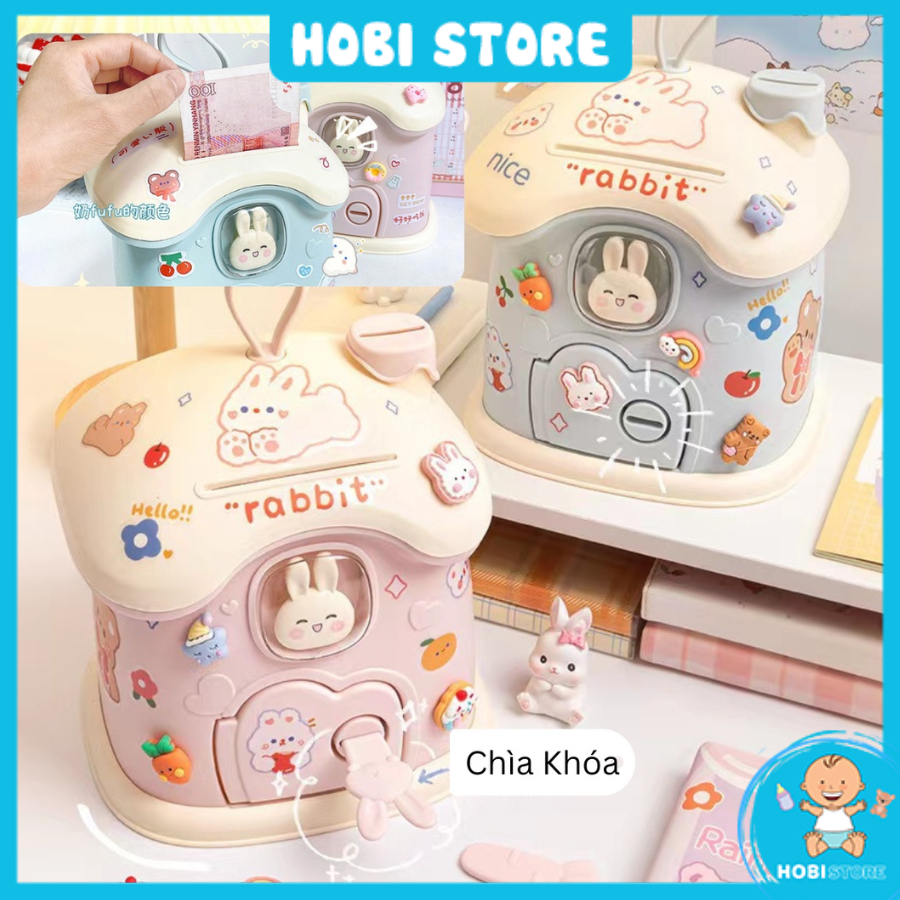 Hộp đựng tiền tiết kiệm ngôi nhà nấm thỏ pastel trang trí bàn học làm việc dễ thương xinh xắn đáng yêu có khoá tiện dụng