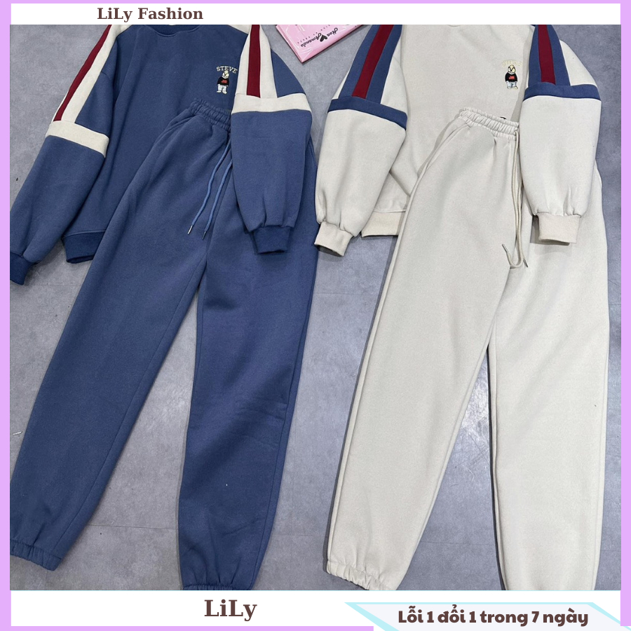 Set bộ quần áo nỉ gấu sọc vai Unisex, set bộ đồ nỉ thời trang nữ form dáng rộng chất dày dặn ấm áp cho mùa thu đông tới