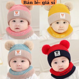 Mũ len gấu hai quả bông cho bé kèm khăn quàng cổ từ 0-2 tuổi