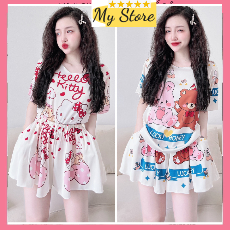 Bộ ngủ đùi nữ dễ thương tay ngắn đồ bộ xinh vải lụa latin in 3D hàng thiết kế loại 1 Freesize dưới 60kg