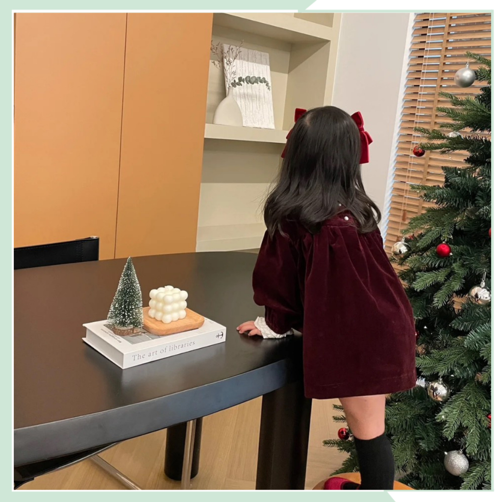 Váy thu đông cho bé, đầm nhung dài tay phối bèo thô thêu cho bé đi chơi noel VBG125