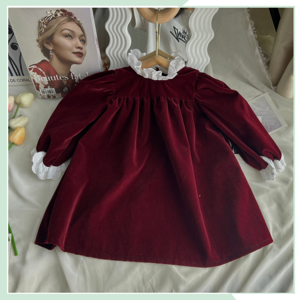 Váy thu đông cho bé, đầm nhung dài tay phối bèo thô thêu cho bé đi chơi noel VBG125