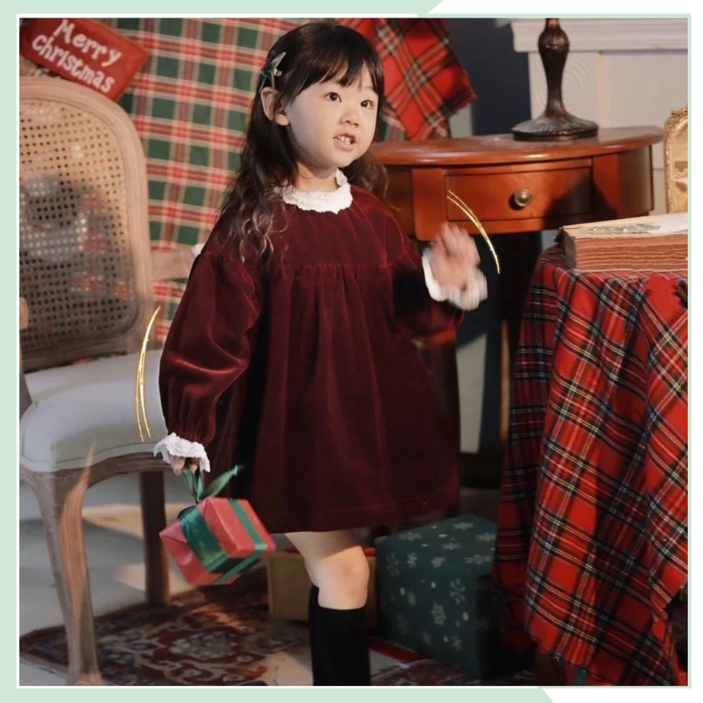 Váy thu đông cho bé, đầm nhung dài tay phối bèo thô thêu cho bé đi chơi noel VBG125