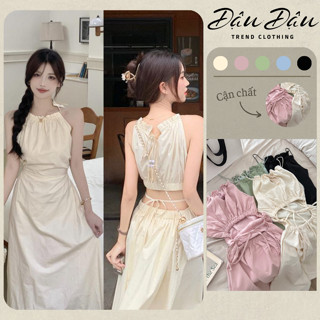  Váy khoét lưng dáng dài mina dress Đầm maxi cổ yếm hở lưng dáng dài tiểu thư co giãn ulzzang 