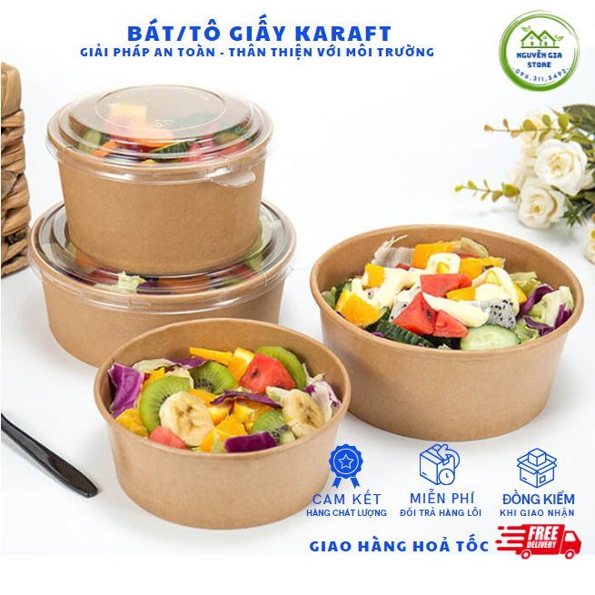 Bát/Tô Giấy Dùng 1 Lần, Chất Liệu Giấy Kraft Kèm Nắp, Đựng Đồ Ăn Nhanh, An Toàn, Vệ Sinh, Tiện Lợi