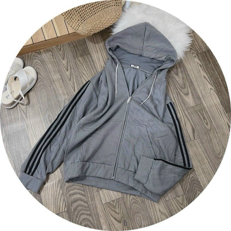 Áo khoác nỉ ngoại dây kéo sọc tay có nón unisex ulzzang nam nữ