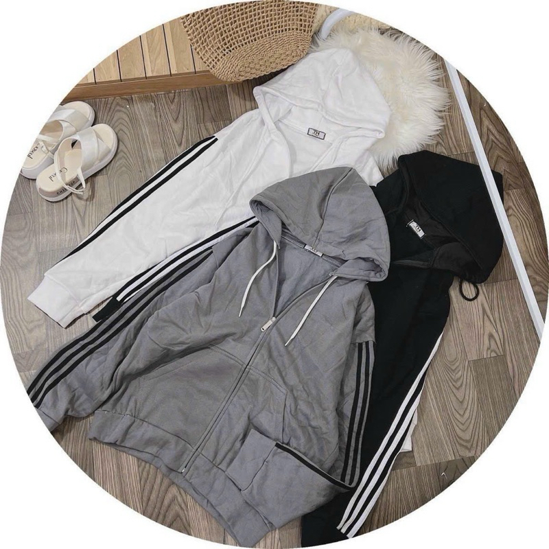 Áo khoác nỉ ngoại dây kéo sọc tay có nón unisex ulzzang nam nữ