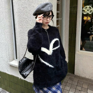   ẢNH THẬT  SẴN Áo len lông thỏ cổ tròn sweater tim couple áo đôi dáng rộng oversize màu đen và trắng dài tay chùm mông 