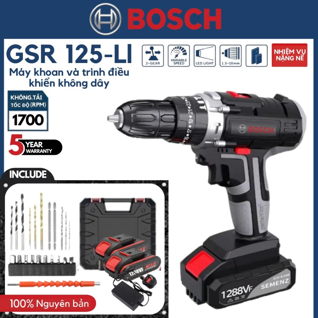 Máy Khoan Pin BOSCH Không chổi than - Có búa - Khoan 3 chức năng 13mm - Khoan Pin Bosch 288V Tặng kèm bộ