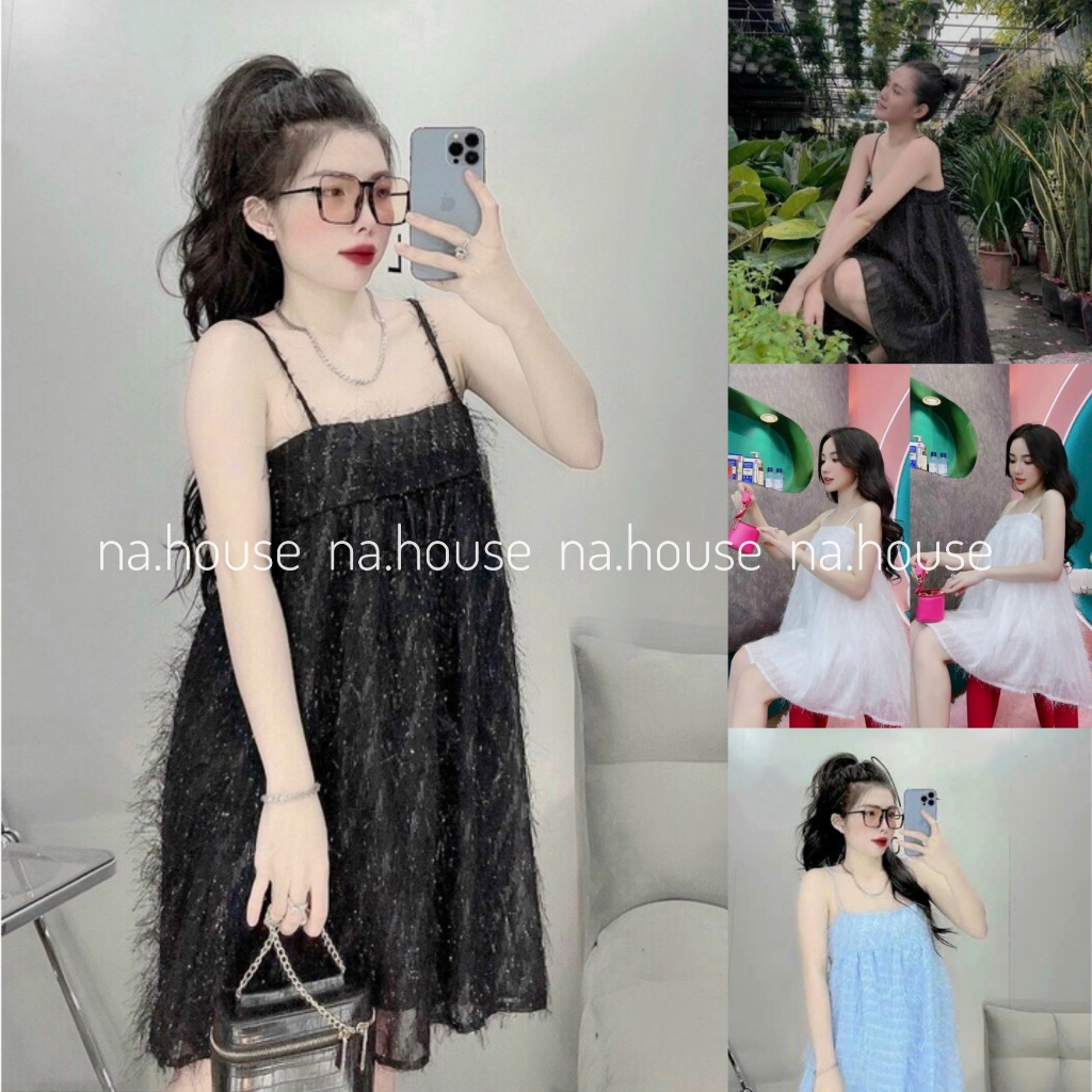 Đầm 2 dây babydoll đi chơi dạo phố Nahouse váy lông vũ 2s dáng suông màu trắng đen xanh thiết kế đẹp xinh xịn sang trọng