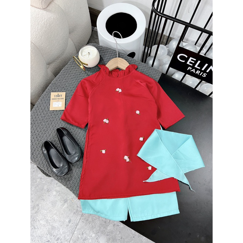 Set áo dài cách tân đính hoa kèm quần và khăn trùm đầu cho bé gái 10-30kg