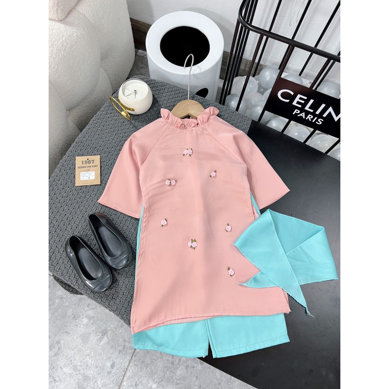 Set áo dài cách tân đính hoa kèm quần và khăn trùm đầu cho bé gái 10-30kg