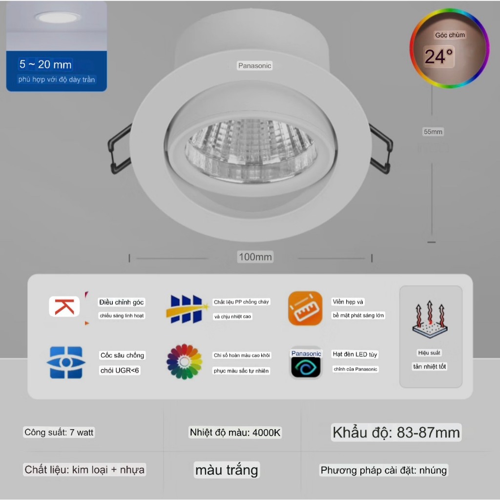 Đèn chỉnh góc Panasonic chính hãng, Đèn sportlight Panasonic 7w D90
