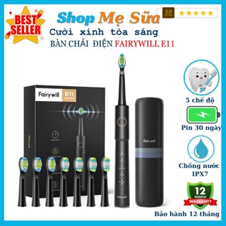 Bàn chải đánh răng điện Fairywill E1 + Kèm 8 đầu bàn chải +Hộp du lịch + Công nghệ làm sạch bằng sóng siêu âm + BH 1 năm