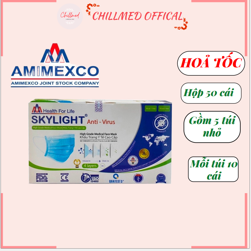 Khẩu trang y tế SKYLIGHT 4 lớp kháng khuẩn - Nhiều màu - hộp 50 cái