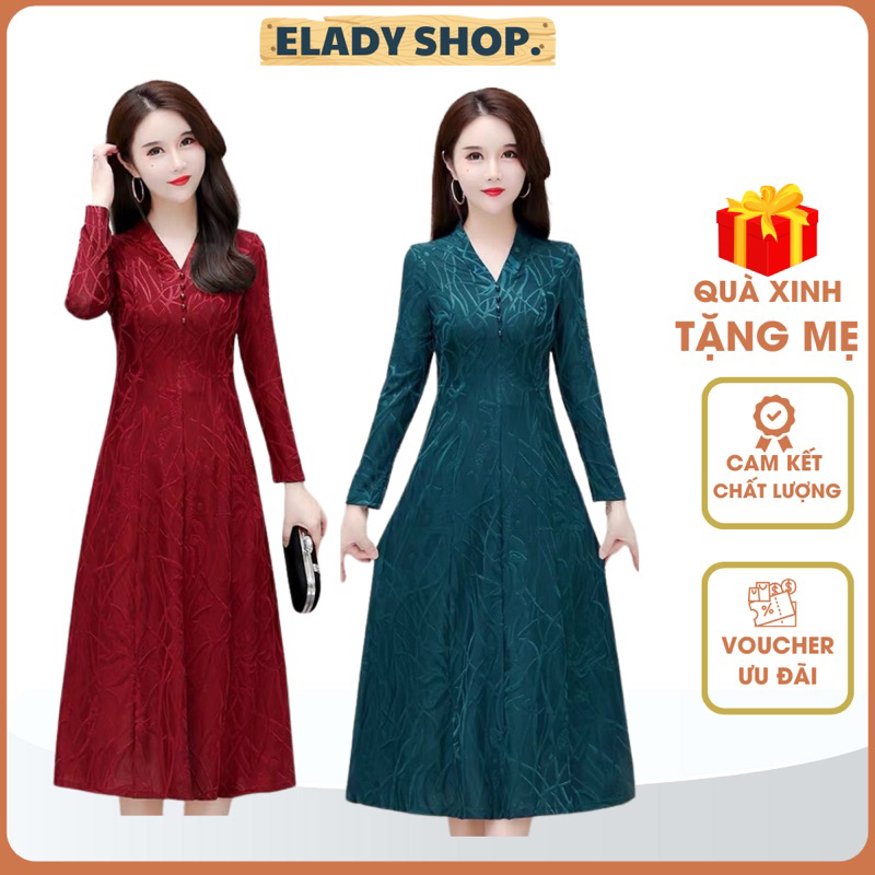 Đầm trung niên nữ AD1023, Đầm thu đông dài tay chất vải thun vân nổi hàng Quảng Châu cao cấp cực đẹp và sang trọng